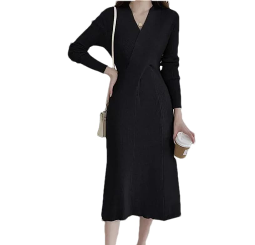 Vestido de punto delgado con cuello en V para mujer, manga larga, negocios, casual, otoño, vestidos