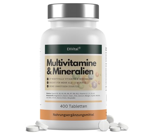 Multivitamin Tabletten - 400 vegane Tabletten, 27 Vitamine & Mineralien, mit Vitamin B Komplex, Vitamin D, Magnesium, Kalium uvm., kein Magnesiumstearat, laborgeprüft und hochdosiert