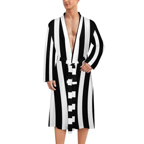 Black And White Cool Stripe Men's Bathrobes Soft Long Robe Lightweight Nightgown Sleepwear Loungewear
