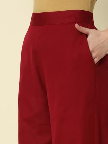 Image of FIORRA Womens Loose Mid Rise Cotton Solid Palazzo