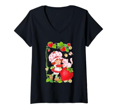 Womens Strawberry Shortcake & Kitty Berry Picking Vintage V-Neck T-Shirt