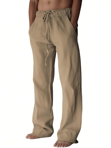 Image of PIDOGYM Mens Cotton Linen Pants, Summer Beach Pants Casual Loose Fit with Elastic Waist Drawstring