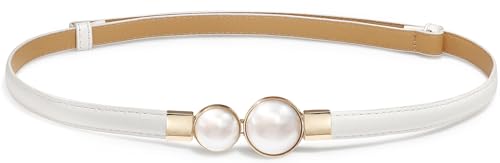Buywis Skinny Belts for Women Thin PU Leather Waist Belt Pearl Buckle Belt for Dresses White Fit Waist 34-45