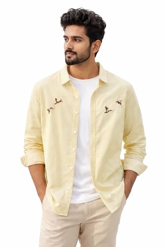 Image of Men's Cotton Blend Casual Wear with Bird Embroidery | Regular Fit Full Sleeve Button Down | Lightweight Summer Style for Daily, Office & Party