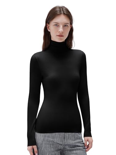 SUUKSESS Women Cashmere Turtleneck Long Sleeve Shirt Fitted Fall Basic Thermal Tops(Black, S)