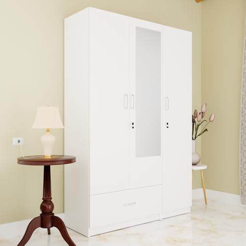 Image of VIKI Wardrobe | Wooden Almirah for 3 Door Wardrobe with 1 Drawer & Hanging Space with Mirror (Frosty White - 40D x 120W x 180.8H) | 1 Year Warranty | Free Assembly