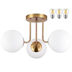 KoKo&Yukina 3-Light Semi Flush Mount Ceiling Light Globe Ceiling Light Mid Century Ceiling Light with Opal Milk Glass Globe & Brushed Brass for Bedroom Hallway Entryway Kitchen Living Room-Bulb Incl