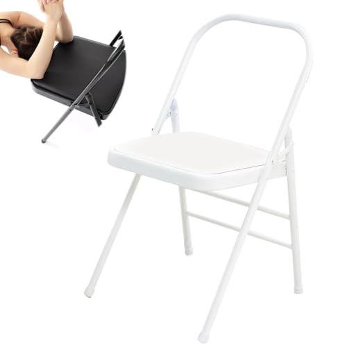 IMUNKT Silla Plegable Yoga Pilates, Silla Auxiliar Iyengar, Metal con Respaldo de Calidad Cuero PU (White)