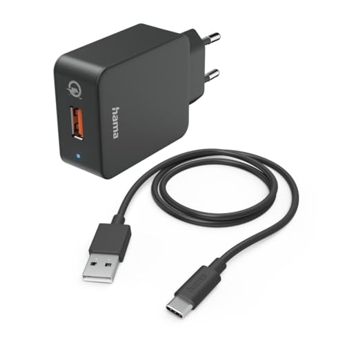 Hama Schnellladegerät, mit Ladekabel USB C, 19,5W (Set, Qualcomm Quick Charge 3.0, USB Ladegerät, für Handy, Smartphone, Tablet, Power Pack, Ladekabel Typ C Ladegerät, schnellladen, klein) schwarz