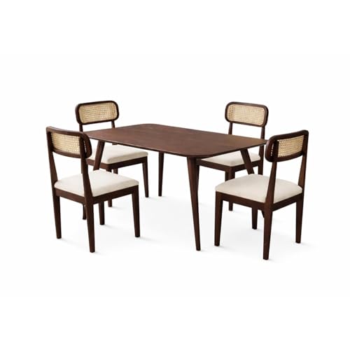 Image of WOODLAB Solid Sheesham Wood 4 Seater Dining Table Set | Wooden Four Seater Dining Table with Cushioned Cane Back Chairs Furniture for Living Room, Home, Hotel and Restaurants - Walnut Finish