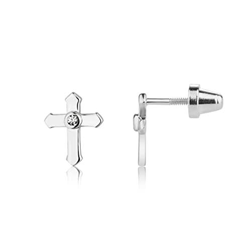 Precious Pieces Children's First Communion, Baptism or Christening Sterling Silver Cross Screw back Earrings with CZ