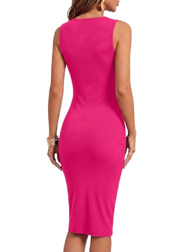 Image of LYANER Women's Summer Rib Knit Stretch Crewneck Sleeveless Bodycon Midi Dress