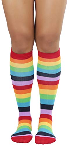 Image of ToBeInStyle Women's Bright Vibrant Rainbow Striped Thigh High Rave Stockings