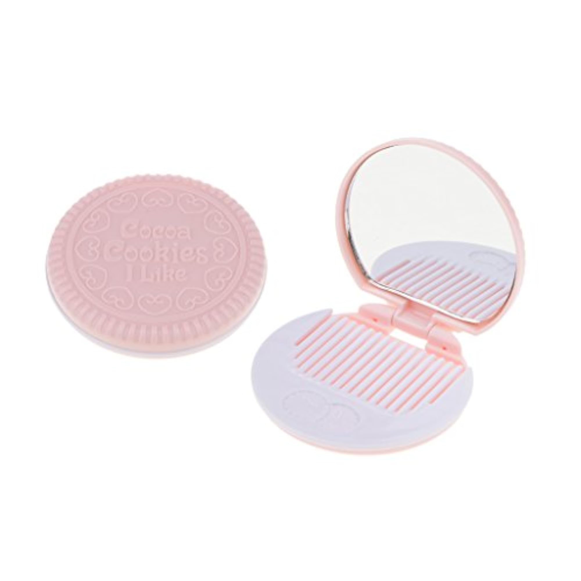 Round Folding Makeup Mirror with Comb, Cute Pink