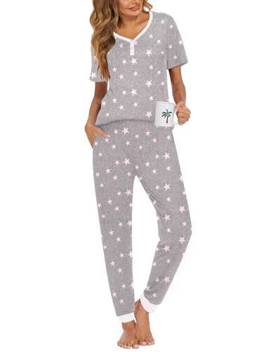 Image of Ekouaer Pajamas for Women Set 2 Piece Fall Lounge Sets Short Sleeve Pjs Joggers Long Pants Sleepwear with Pockets