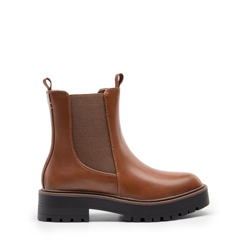 DREAM PAIRS Women's Chelsea Ankle Boots Square Toe Fashion Low Heel Lug Sole Platform Fall Booties Shoes,Size 6,Brown-Pu,SDAB2412W