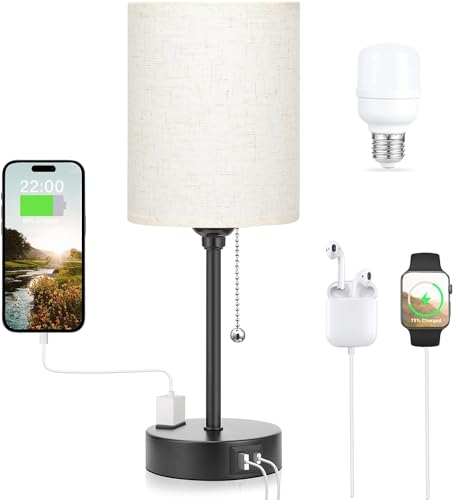 XIUWOO Table Lamps with USB C and A Ports 3 Color Temperatures - 2700K 3500K 5000K Pull Chain White Nightstand Bedside Desk Lamps with AC Outlet, Metal Base for Kids Reading(Bulb Included)