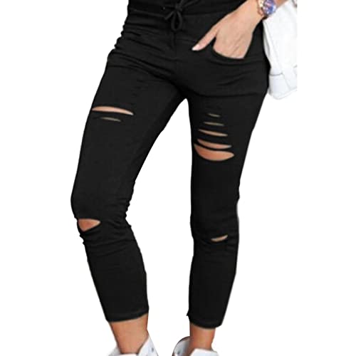 Geagodelia Pantalons pour Femmes Déchirés Skinny Jeans Crayon Pantalons Élastiques Leggings Coupe Ajustée Taille Haute Couleur Unie Décontracté (Noir, M)