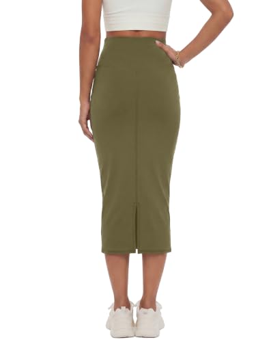 Image of Rooscier Women's High Waisted Pencil Midi Skirt | Stretchy Bodycon Knee Length Skirts with Back Slit