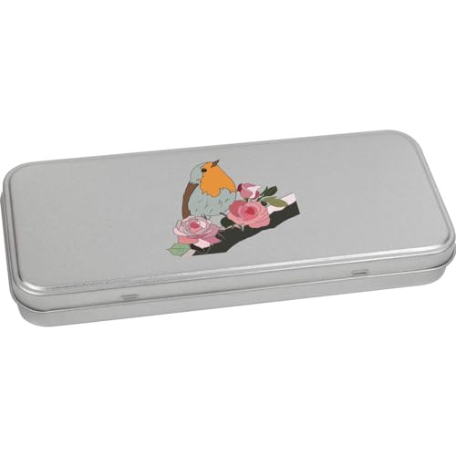 Azeeda 'Robin With Roses' Metal Hinged Stationery Tin/Storage Box (TT00239062)