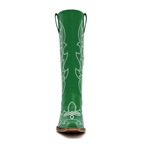 Image of Uillnoodu Women's Turquoise Cowgirl Boots - Wide Calf Mid Calf Western Boots Plus Size Embroidered Cowboy Style with Block Heel