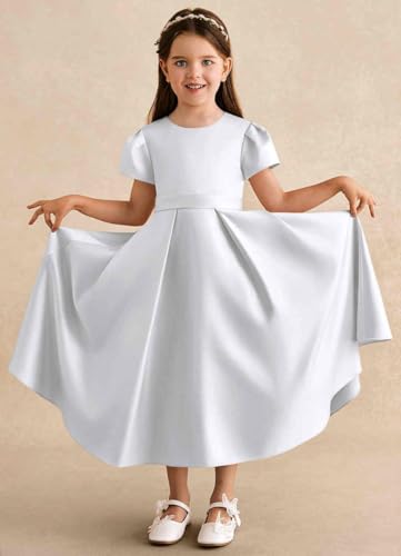 A-Line Puff Sleeves Satin Princess Flower Girl Dress Tea Length Round Neck Pageant Bows Junior Bridesmaid Dresses4