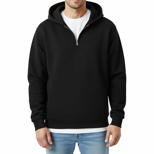 Gift Hub Mens Hoodie Quarter Zip – Fleece Jumper, Hooded Sweatshirt, Pullover & Half Zip Jacket for Men UK – Durable Casual, Work & Outdoor Wear – Black - Medium