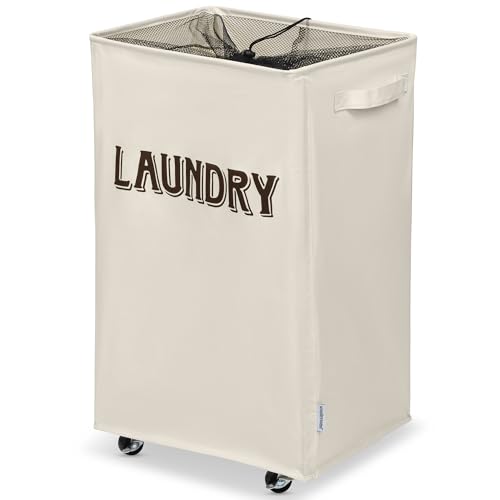 Wondersome Laundry Hamper with Wheels - Farmhouse Cream - 90-Liter Extra Large Collapsible Rolling Clothes Cart - Heavy Duty Locking Metal Wheel Tall Rectangular Canvas Storage Basket - US-Based Brand