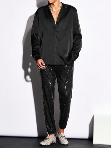 WDIRARA Men's Slant Pocket Contrast Sequin Drawstring Waist Long Solid Jogger Pants4