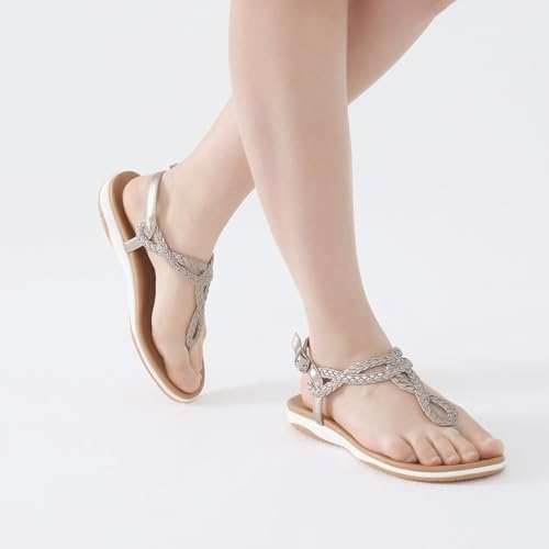 Image of UBFEN Womens Flat Sandals Dress Braided T-Strap Thong Sandals with Arch Support Comfortable for Walking