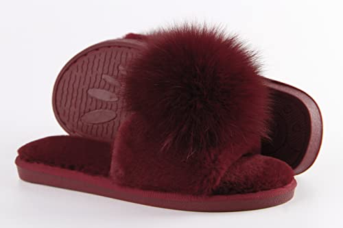 Hiprettyus WINE RED BALL 8.5-9.5 Women Slippers With Real Fox Fur Ball thumb #2