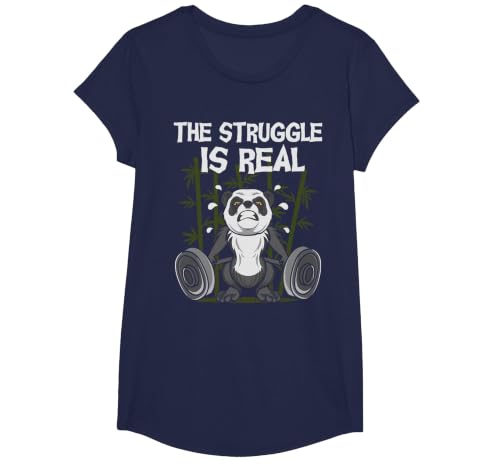 The Struggle is Real - Weightlifting Panda Bear Fitness Gym T-Shirt, Girls, Navy Blue, Small