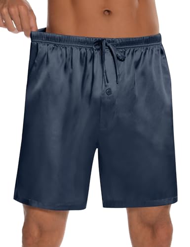 SWOMOG Men's 3 Pack Satin Pajama Shorts Silk Pajama Boxer Lounge Sleep Bottoms Button Fly with Pockets & Drawstring3