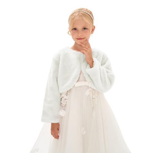 Girls Cozy Faux Fur Bolero Jacket Shrug Flower Girl Dress Coat Plush Fuzzy Furry Cropped Jacket Princess Cardigan for Wedding