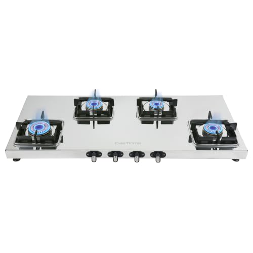 Image of Everflame Prime 4 Burner (Long) Stainless Steel Gas Stove | 1.2mm Thick Jointless SS Body | Manual Ignition | 5 Years Warranty on Glass & Burner + 2 Years Comprehensive Warranty