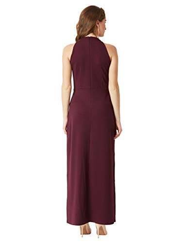 Image of Miss Chase Women's Designer Wine Red Fringed Halter Neck Sleeveless Solid Maxi Front Slit Dress