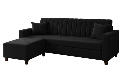 Image of 3 Seater Velvet Sofa with Ottoman | Modern Upholstered Couch | Quilted Design | Soft Comfortable Seating | Sturdy Wooden Frame | Living Room, Office - Black