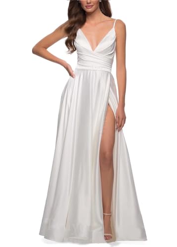 Image of Tvuyet Satin Bridesmaid Dresses with Slit Pleated A Line Spaghetti Straps Formal Prom Evening Gowns