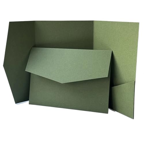 Invitaciones de boda originales tipo sobre plegable verde con tarjetas personalizadas multicolor