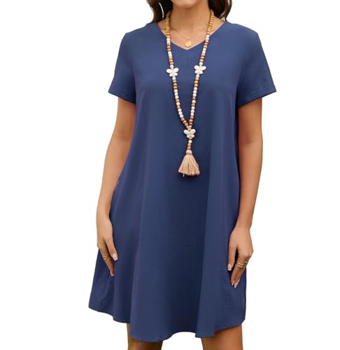 Enmain Vestidos de Lino Mujer Azul Marino Verano Casual Midi Vestido Verano Manga Corta y Pico Playa con Bolsillos sin Accesorios XL