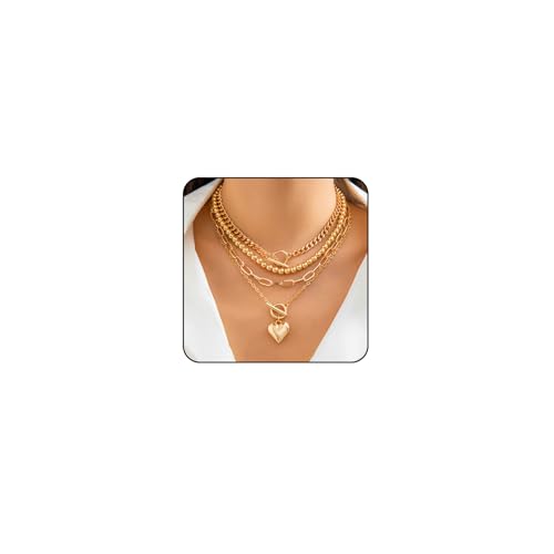 Otxas Chunky Gold Necklace Non Tarnish Gold Layered Necklaces for Women Paperclip Chain Necklace Big Heart Pendant Necklace Gold Necklace Stack Gold Jewelry Set