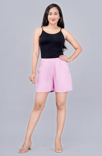 Image of Women's Cotton Regular Relaxed Fit Solid Print Design Thigh Length Casual Summer Running Yoga Gym Night Wear Shorts Elastic Waistband and Drawstring with Pocket
