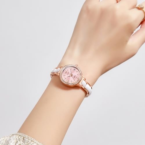 Image of OLEVS Women's Quartz Watches - Elegant Oval Diamond Dress Watch with Ceramic Band, 30M Waterproof Ladies Wrist Watch for Dress & Casual Wear (Rose Gold Blue /Red /Purple /White)