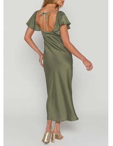 Image of Summer Satin Flutter Sleeve Wedding Guest Dresses for Women Sweetheart Neckline Cutout Tie Back Midi Cocktail Dress