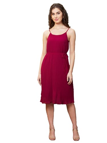 Image of Globus Women Red Sleeveless Solid Fit & Flare Midi Dress