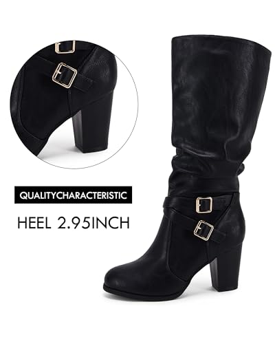 Ermonn Womens Slouchy Knee High Boots Stacked Mid Heel Ankle Strap Metal Buckle Side-Zip Shoes thumb #2
