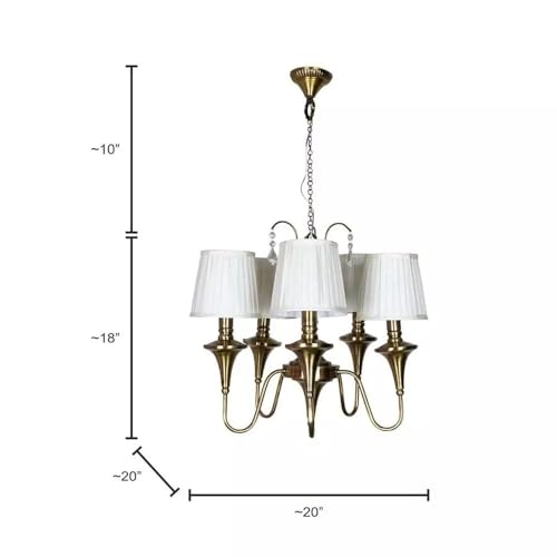 Image of Traditional Brass Chandelier, 5-Light and Double Wall Light & Single Wall Light White Fabric Shades, Chain-Mounted Ceiling Light (American, 1)
