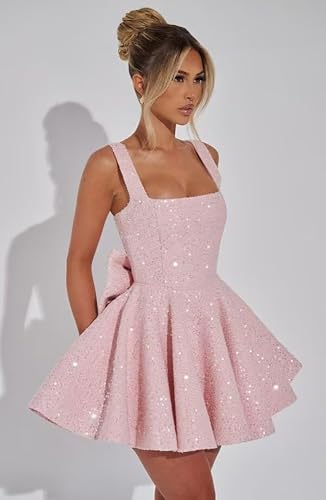 Puffy Sequin Homecoming Dresses for Teens with Bow Wide Strap Sparkly Short Prom Cocktail Party Dress4