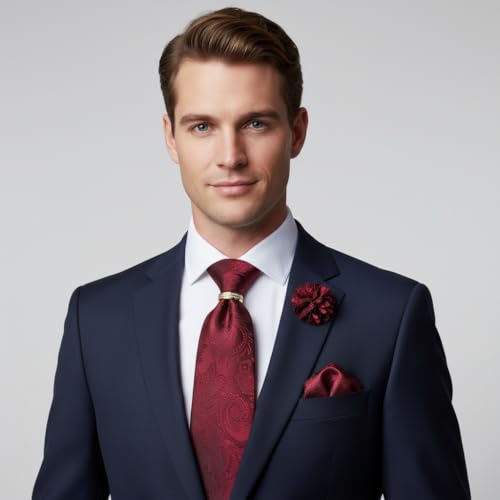 Image of 5PCS Tie and Pocket Square for Men, Silk Necktie and Handkerchief Cufflinks with Gold Ring and Lapel Pin Set