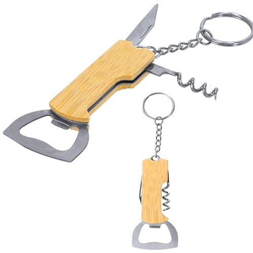 Lot de 2 porte-clés avec décapsuleur, tire-bouchon en métal et bambou, outil d'extérieur pour le camping, les tentes, les fêtes, les vacances